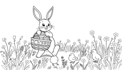 A black and white illustration of the Easter Bunny in a flower field with chicks, a colour plate.