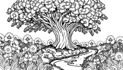 Un grand arbre magique avec des fleurs étoilées et un chemin sinueux entouré de plantes dans un style livre de coloriage.