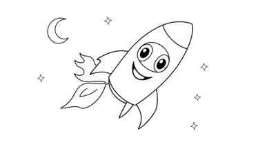 Un dessin au trait de fusée de dessin animé souriante avec la lune et des étoiles, prêt pour le color panel.