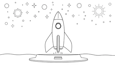 Dessin au trait noir et blanc d'une fusée sur une plateforme de lancement entourée d'étoiles et de planètes, prêt pour le color panel.