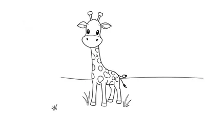 Dessin au trait d'une girafe mignonne souriante dans la savane, avec des contours simples pour un panneau de coloriage.