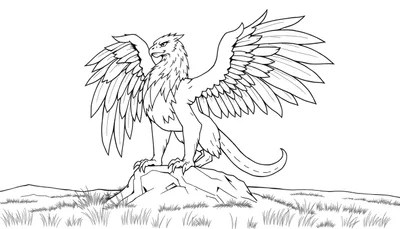 Un griffon dessiné au trait sur un rocher, ailes déployées, prêt pour le coloriage.