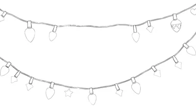 Dessin au trait de guirlandes lumineuses avec des ampoules, des étoiles, des cœurs et des glands.