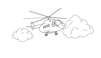 Dessin au trait noir et blanc d'un hélicoptère volant avec des nuages dans un style enfantin. Il y a un rotor principal à quatre pales, un rotor de queue, un cockpit vitré et un numéro sur le côté. Des nuages cartoon flanquent l'hélicoptère.