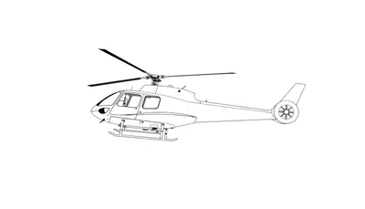 Dessin technique d'un hélicoptère en noir et blanc, en position d'atterrissage.