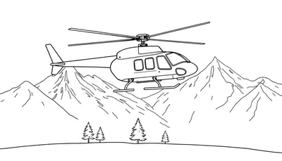 Dessin au trait d'un hélicoptère devant des montagnes, prêt pour un coloriage.