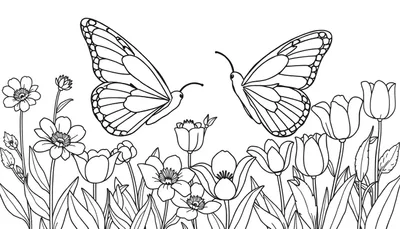 Un dessin au trait noir et blanc montrant deux papillons au-dessus d'un parterre de fleurs printanières, prêt à être colorié.