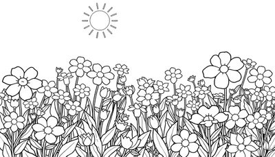 Un dessin au trait noir et blanc d'un champ de fleurs printanières sous un soleil stylisé, parfait pour un color panel.