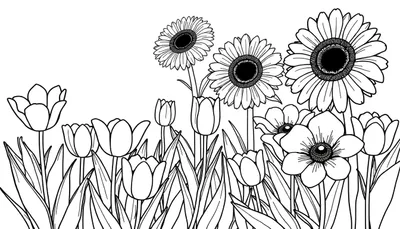 Dessin au trait d'un color panel de fleurs joyeuses: tulipes, marguerites et anémones.