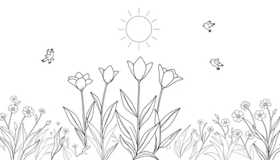 Panneau de coloriage avec des tulipes et des fleurs sauvages sous un soleil et des oiseaux joyeux.