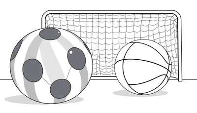 Un ballon de football rayé et à pois, un ballon de basket et un but de football sont dessinés en noir et blanc, attendant d'être colorés. Le football est à gauche, le basket à droite et le but à l'arrière.