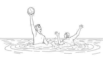 Deux joueurs de water-polo dessinés en noir et blanc, l'un tenant un ballon au-dessus de sa tête, l'autre avec les mains levées, entourés d'éclaboussures d'eau. Un dessin parfait pour un color panel.