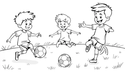 Dessin au trait de trois garçons jouant au football sur une colline.