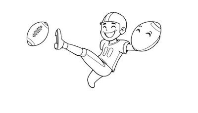 Joueur de football américain souriant en noir et blanc frappant un ballon, prêt pour le coloriage.