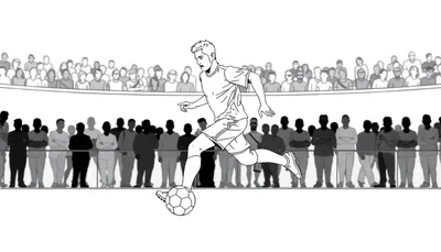 Dessin en noir et blanc d'un joueur de football dribblant avec des spectateurs derrière.