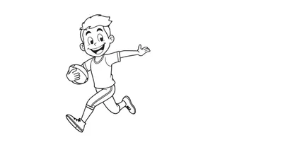Dessin au trait d'un jeune garçon souriant courant avec un ballon de football américain, prêt pour une page à colorier.