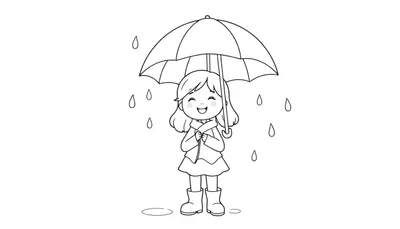 Jeune fille joyeuse sous un parapluie, dessin pour colorier.