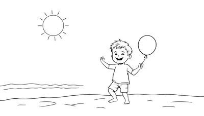 Dessin au trait d'un jeune garçon souriant jouant avec un ballon sur la plage, sous un soleil éclatant.