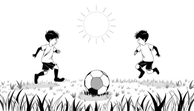 Deux garçons jouant au football sous un soleil radieux, une scène en noir et blanc avec un color panel dynamique.