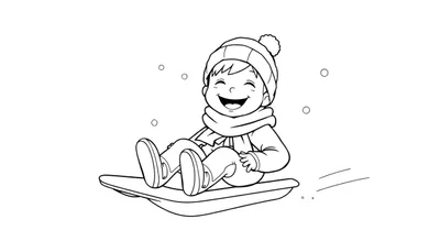 Un enfant souriant descend une colline enneigée en luge, vu dans un dessin au trait coloré.