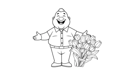 Un papa corpulent souriant tient un grand bouquet de tulipes en noir et blanc, offrant une chaleureuse bienvenue.