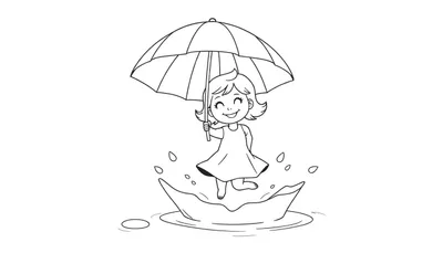 Fillette sautant joyeusement dans une flaque d'eau sous un parapluie avec un color panel coloré.