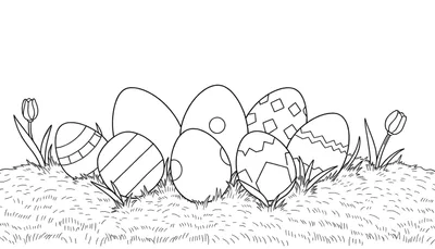 Un color panel représentant des œufs de Pâques cachés dans l'herbe avec des fleurs.