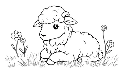 Un agneau en dessin au trait se repose dans un champ avec des fleurs, prêt pour le color panel.
