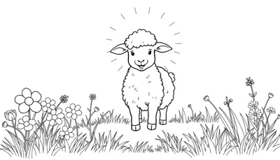 Un adorable agneau dessin au trait avec un nimbe, se tenant dans un pré fleuri.