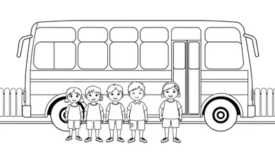 Un bus scolaire noir et blanc avec cinq enfants souriants devant, prêts à monter. Le bus a des fenêtres rectangulaires et des portes centrales. Un color panel de clôture est visible.