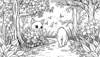 Un dessin au trait noir et blanc d'un chaton explorant une forêt avec des fleurs et un autre chat au loin.