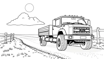 Camion Ford dessiné, prêt pour l'aventure, sur un chemin de campagne avec une clôture, sous un grand nuage et un soleil, style color panel.