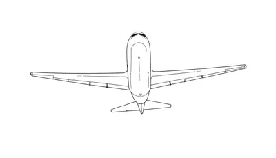 Dessin au trait d'un avion vu du dessus, avec un fuselage long et étroit et une queue en T.
