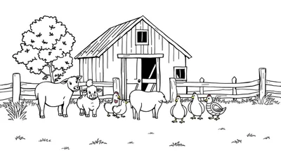 Une ferme ensoleillée avec une grange, un arbre et des animaux de la ferme heureux.