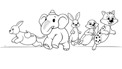 Dessin au trait d'animaux en joyeuse course dans un color panel.