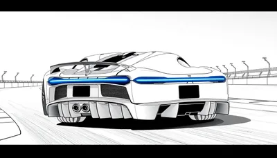 Voiture de sport blanche futuriste avec des feux arrière bleus brillants sur une piste de course, style dessin animé.