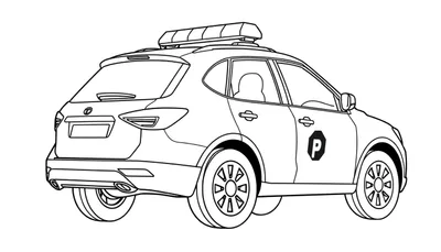 Une voiture de police dessinée en noir et blanc avec une barre lumineuse sur le toit.