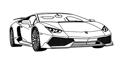Une voiture de sport Lamborghini style coloriage pour garçons, vue de trois quarts avant, avec des lignes nettes et un fond blanc.
