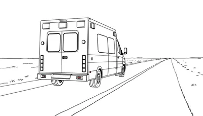 Une ambulance dessinée en noir et blanc sur une route.