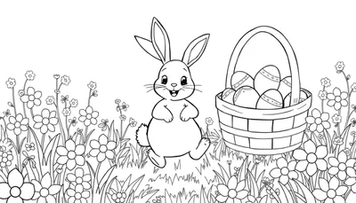 Un lapin de Pâques coloré assis dans un champ de fleurs avec un panier d'œufs.