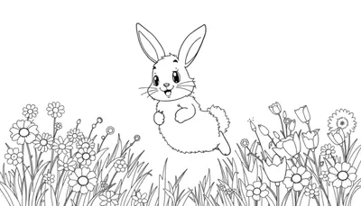 Un mignon lapin dessiné au trait, flottant dans un champ de fleurs, idéal pour un coloriage.