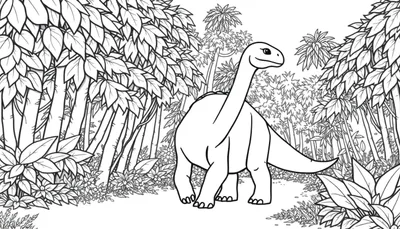 Dessin au trait d'un brachiosaure dans une jungle, prêt pour le coloriage.