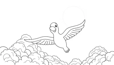 Dessin au trait d'un canard souriant volant dans le ciel avec des nuages et un soleil.