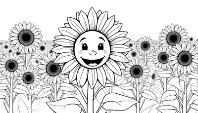 Dessin au trait d'un champ de tournesols avec un grand tournesol souriant au premier plan.