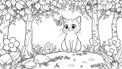 Un chaton curieux avec un papillon sur la tête, assis dans une forêt colorée, prêt à être colorié.