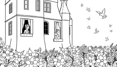 Un château avec des fleurs, deux jeunes femmes aux fenêtres et des oiseaux dans le ciel.