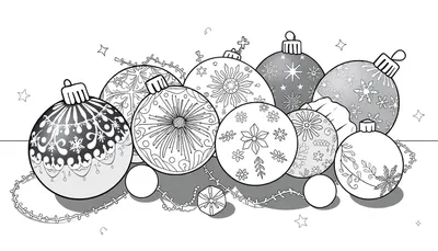 Des ornements de Noël en noir et blanc, avec des flocons de neige et des motifs de fleurs, prêts à être colorés.