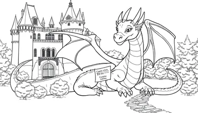 Dragon amical gardant un château, prêt pour une aventure colorée.