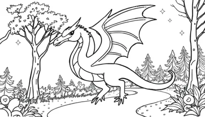 Un dessin au trait d'un dragon majestueux dans une forêt luxuriante, prêt à être coloré.