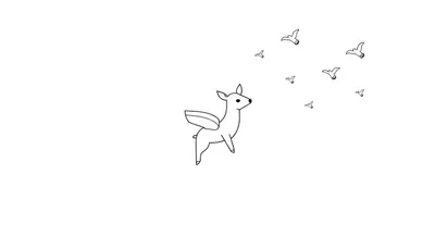 Dessin au trait d'un jeune faon ailé regardant des oiseaux en vol, style minimaliste pour un color panel.